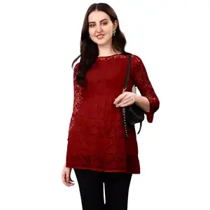 ZELZIS Women Russel Net with Crepe Inner Tops, Round Neck with Bell Sleeve