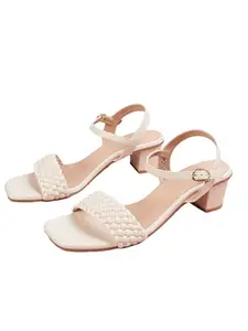 Max Women Braided Strap Block Heels (Off White_39)