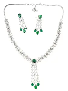 Adwitiya Collection Rhodium Plated Green Emerald White Faux Diamond Necklace Set for Women and Girls