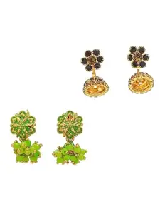 9blings Set Of 2 Gold Silver Plated Cubic Zircon Studded Green, Navy Jhumki Set
