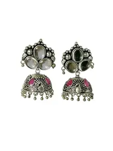 Oxidized Silver Mirror & Peacock Jhumka Earrings (Pink)