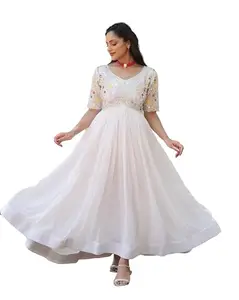 Fashion Basket Women's Georgette Embroidered Anarkali Gown White