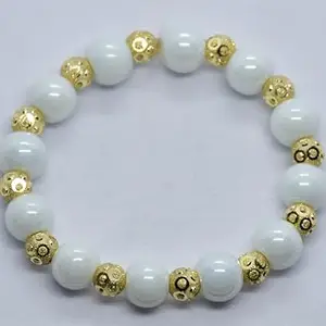 Metal Beats & White Quartz Glass Stone Natural Crystal Gemstone Bracelet 10x8mm Oval Beads Healing Crystals for Men & Women (8 Inch)