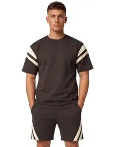 CHKOKKO Men’s Co-Ord Set Premium Cotton Blend Oversized T-Shirt & Shorts Cord Set with Side Pockets Round Neck Half Sleeves Solid with Contrasting Stripes Summer or Casual Wear