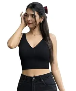 GLOWBERRY Womens & Girls Solid Ribbed V-Neck Collarless Sleeveless Slim Fit Stylish Tank Top 70% Cotton 20% Elestane 10% Polyester