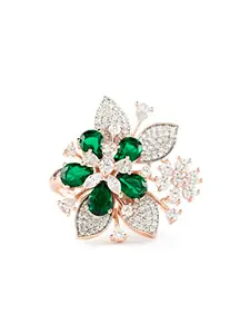 Priyaasi Stunning Green Floral Leaf American Diamond Rose Gold-Plated Cocktail Ring