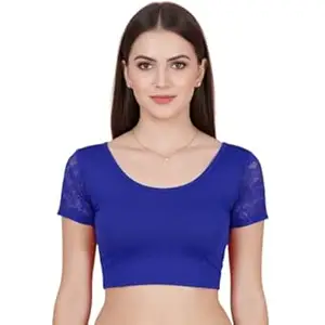 TRUNESS Round Neck Cotton Lycra Stretchable Half Net Sleeve Readymade Saree Blouse for Women and Girls, Size (26 to 44)