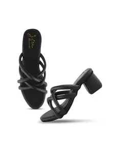 JM LOOKS Women's Block Heel Sandal Strappy Sandal Slip On Sandal Open Round Toe Criss-Cross Strappy Sandal Wedding Party Dress Shoes - Black