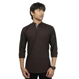 ORIGENS Luke S Black Men's Slim fit Short Kurta | Solid Linen Kurta | Mandarin Collar | Full Sleeve | Cotton Blend