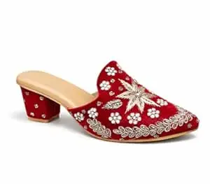 EZZIAUTO Women's Embroidered Mule Heels, Handmade Beaded Slip-On Sandals with Block Heel, Cushioned Insole, Non-Slip Sole for Wedding, Party