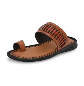 HITZ Men's Tan Leather Kolhapuri Ethnic Wear Slippers - UK 11
