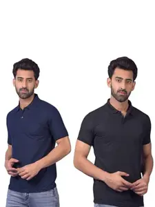 ROYAL YOUTH Royal Yoth Polo Neck Half Sleeves T-Shirt Cotton Blend Plain-Regular Fit Men's Combo T-Shirt Black & Neavy Blue(Size-M)