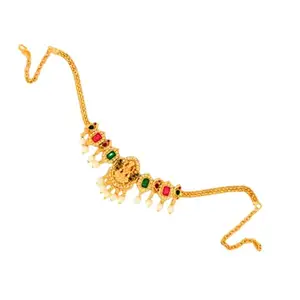 Gold Plated Necklace with Green and White Pearl Work, Traditional Indian Lakshmi Design, Bridal Jewellery for Women