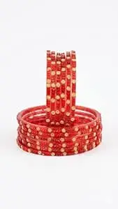 Raahive Kashmiri Raindrop Red Glass Bangles with Intricate Gold Floral Work – Set of 12