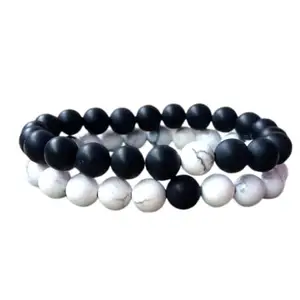 Lady Works Howlite & Matte Onyx 8mm Round Smooth beads Long Distance Couples Love Friendship Combo Bracelet Set - Couples Relationship 7 inch Stretchable Bracelets set|LW_BRCP_150_7