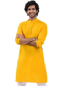 VASTRAMAY Men’s Solid Classic Kurta – Mandarin Collar, Full Sleeves & Buttoned Design, Perfect for Festive Occasions, Traditional Functions & Shivratri Yellow
