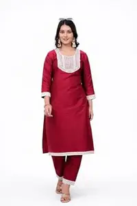 Women's Maroon Silk Blend Straight Kurta with Pant Set, Embroidered Round Neck, 3/4 Sleeve
