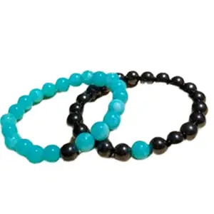 RRJEWELZ amazonite & shungite 8mm Round Smooth beads Long Distance Couples Love Friendship Combo Bracelet Set - Couples Relationship 7 inch Stretchable Bracelets set|RR_CPBR_007_7