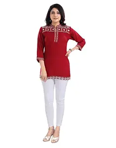 Generic Women's 3/4th Sleeve Viscose Tunic Short Top (Red, Size: 3XL)-PID41848