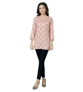Women's Casual 3/4 Sleeves Printed Rayon Short Top (Pink, L)-PID47625