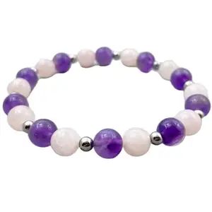 RRJEWELZ Natural Amethyst & Rose Quartz 8mm Round Shape Smooth Cut Beads 8 Inch Stretchable Bracelet For Men & Women. Unisex Bracelet For Healing, Meditation, Prosperity, Gift & Luck|STBR_RR_10578_8.0