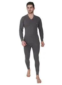 Alfa Men's Premium Steam Disinfected Cotton Quilted Thermal Set (V Neck Top and Trouser/Lower) (AMQuiltVNSTBlk_105_Dark Grey)