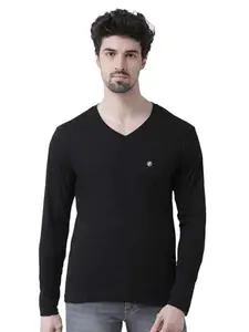 Friskers Men's V-Neck Full Sleeves Cotton Stretchable T-Shirt (Small, Black)