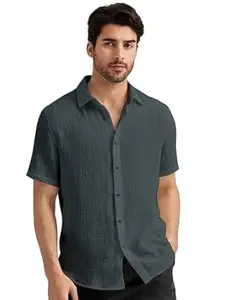 WIZOON Men’s Black Casual Cotton Shirt | Regular Fit Short Sleeve Button-Down | Shirts for man | Spread Collar | man Stylish