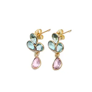 El Joyero Crystal Quartz & Red Garnet Gemstone Stud Earring | Gold Plated Pear Shape Four Stone Earring | Bezel Sett Push Back Dangle Jewelry | 1221)1F (Blue Topaz & Amethyst)