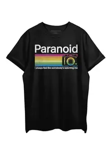 THREADCURRY Paranoid Oversized Drop Shoulder Cotton Loose Printed T-Shirt for Men Black