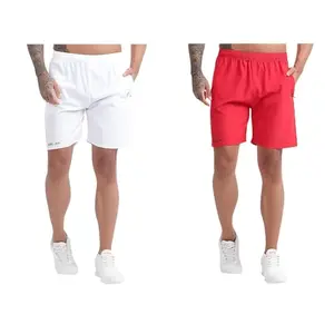BLUE STAR SHARK Athletic Sports Shorts for Men with Zip Pockets and Elastic Waistband Quick Dry Lightweight Activewear Combo - Pack of 2 (Color: White and Red, Size:M)