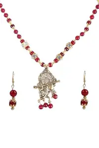 Fashion Empire Handcrafted Red Pearl Beaded Necklace Set with Golden Pendant and Matching Earrings