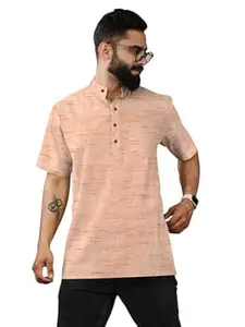 Men Short Kurta Half Sleeve Mandarin Collar | Pure Khadi Cotton Blend Linen Textured Fabric | Casual Ethnic Wear | Festive Kurta for Men