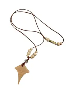 Handcrafted Wooden Pendant Necklace with Crystal Bead, Brown Cord, pure chandan Wood pendant
