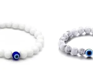 White Howlite Stone Bracelets with Blue Evil Eye Charm, Set of 2
