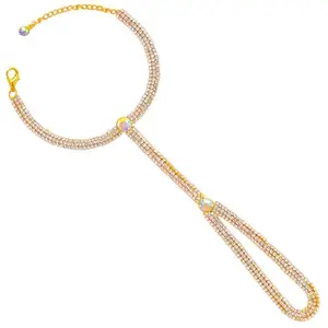 VAMA Crystal Stone Hand Bracelet Without Finger Ring Link Chain Bridal Diamond Hathphool Hath Panja Hand Harness for Women (Gold Hathphool)