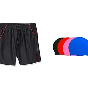I-SWIM SWIMMING SHORTS V-216 BLACK RED PIPING SIZE 3XL WITH 100% SILICONE SWIMMING CAP PLAIN BLACK