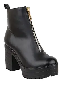Shoetopia Womens Black Solid Zipper Block Heeled Boots