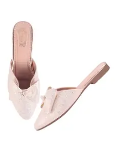 Shoetopia Women's Golden Glitter Slip-On Mules with Bow – Elegant Flat Backless Loafers for Parties & Casual Wear EU42