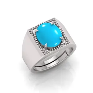 TODANI JEMS 8.25 Ratti Turquoise Stone Original Certified Firoja Gemstone Silver Plated | Adjustable Ring With Lab Certificate for Men and Women(Ma6)