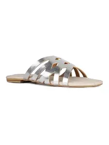 Inc.5 Womens Silver Striped Round Toe Casual Flat Slip-on Sandals