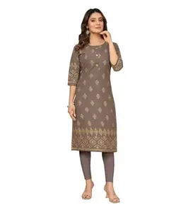 Women's Casual 3/4th Sleeve Foil Gold Printed Ruby Cotton Kurti (Brown, 2XL)-PID46102
