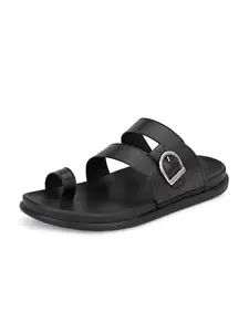 HITZ Men's Black Leather Toe-Ring Slippers - UK 9