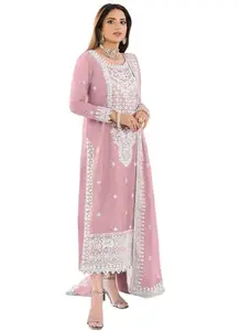 KAKSHYA Women's Regular Fit Light Pink Heavy Organza Embroidery Semi-Stitched Pakistani Salwar Suit with Dupatta (maaria-1066)(Light Pink)