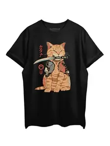 THREADCURRY Catana Oversized Drop Shoulder Cotton Loose Printed T-Shirt for Men Black