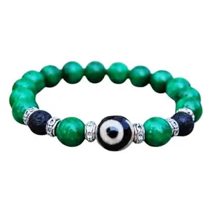 RRJEWELZ Natural Green Jade, Black Lava With Evils Eye Round Shape Smooth Cut 8mm Beads 7.5 inch Stretchable Bracelet for Healing, Meditation, Prosperity, Good Luck | STBR_03877