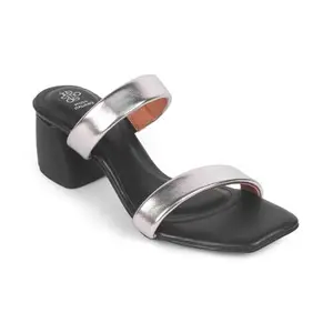 tresmode MCARLO Women's Block Heel Sandals Footwear Silver, 8 UK / 41 EU - Open Square Toe Soft Comfortable Casual Formal Office Fancy Shoe Wear