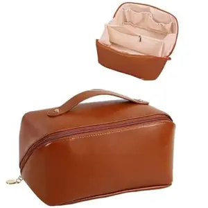 Leather Travel Toiletry Bag, Brown, Cosmetic Makeup Organizer with Handle, Multiple Compartments