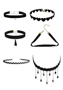 FASHMADE “Where Fashion is Made” Combo of 6 Stylish Adjustable Fancy Chokers for Women and Girls Fashion Jewellery Girls/Women'S Stylish Black Fabric Lace Choker Necklace Combo