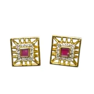 Styleera555 Elegant Gold-Plated Square Stud Earrings with Ruby Red and Clear Stone Accents